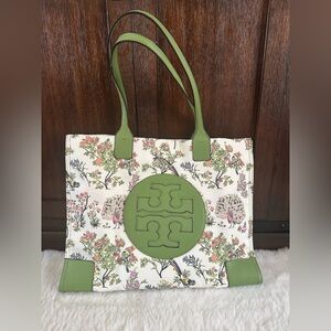 Tory Burch Beige Green Flower Tote